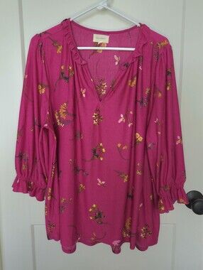 MELLODAY Fuchsia Floral V-Neck Ruffle Tunic. Size 1XL. #SW